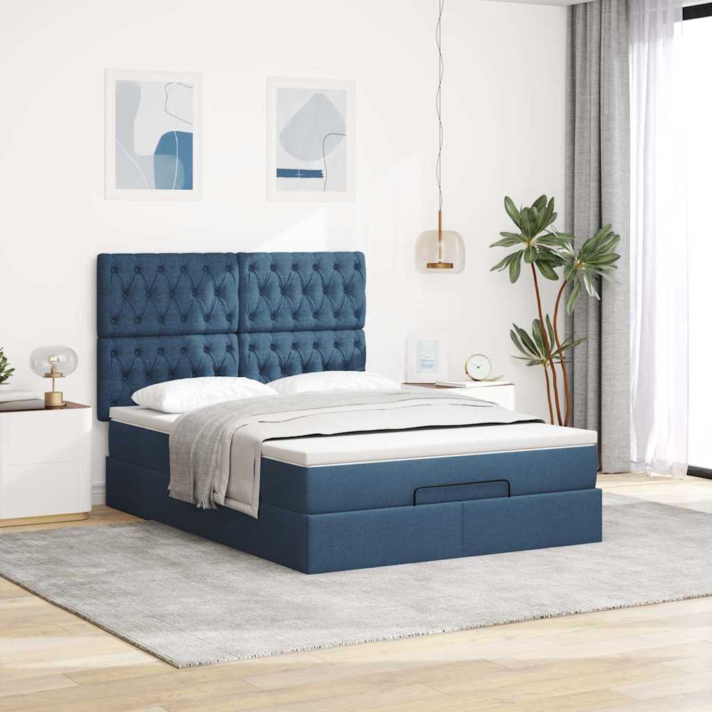 Cadre de lit ottoman avec matelas bleu 140x200 cm tissu - XIOS