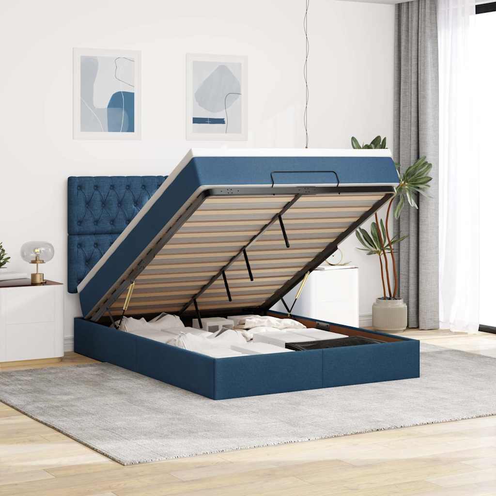 Cadre de lit ottoman avec matelas bleu 140x200 cm tissu - XIOS