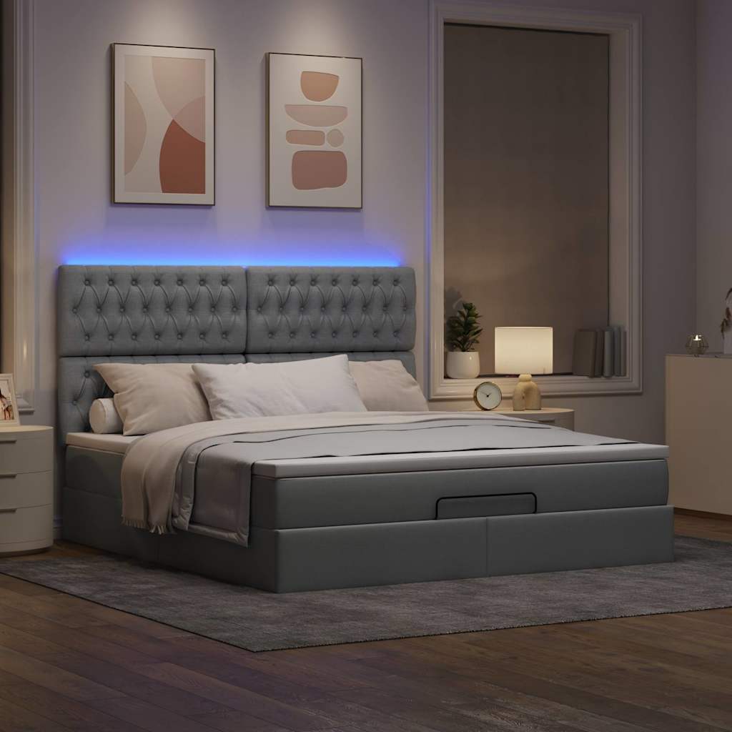 Cadre de lit ottoman et matelas gris clair 160x200cm tissu - XIOS