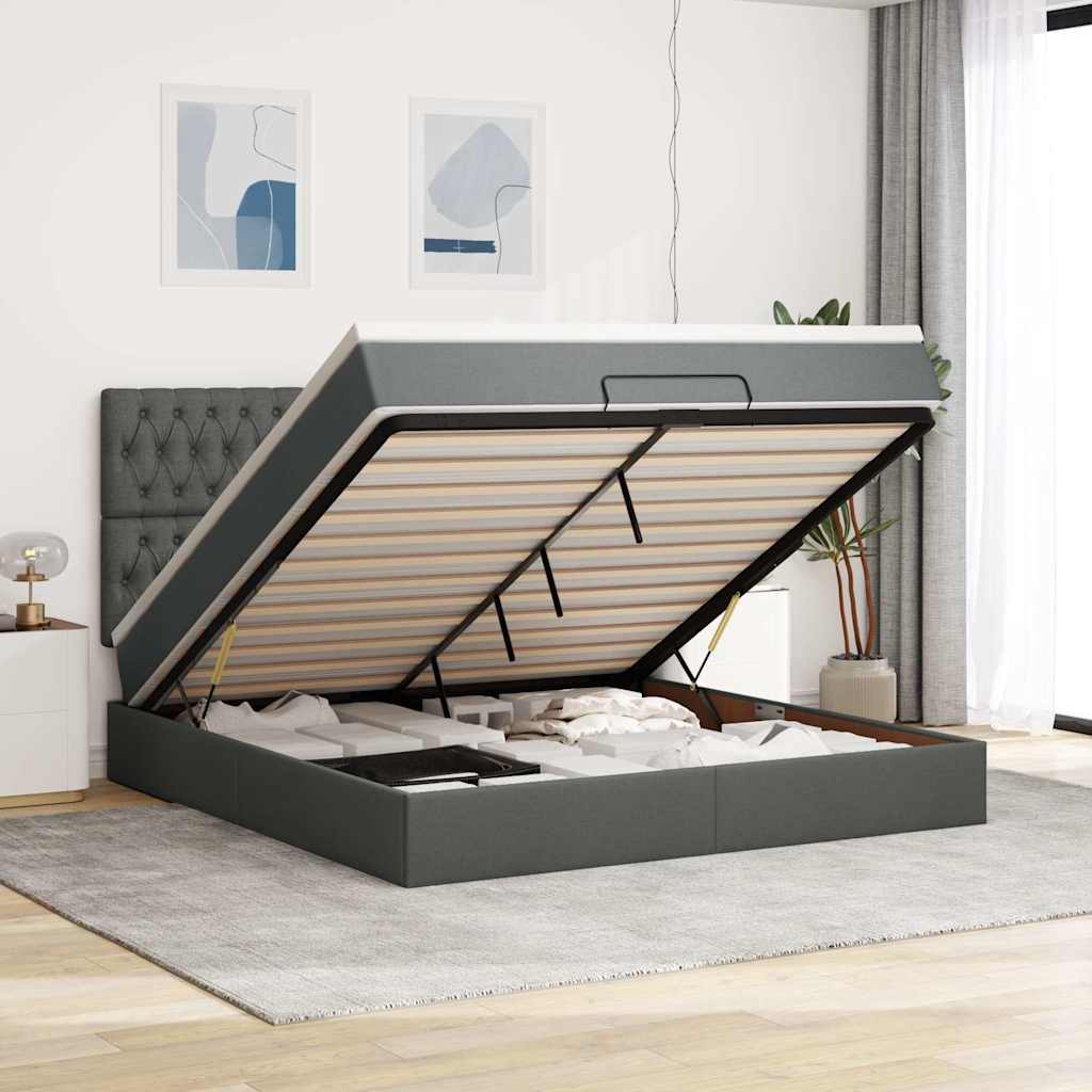 Cadre de lit ottoman avec matelas gris foncé 160x200cm tissu - XIOS