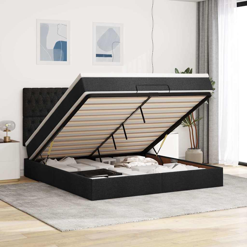 Cadre de lit ottoman avec matelas noir 160x200 cm tissu - XIOS