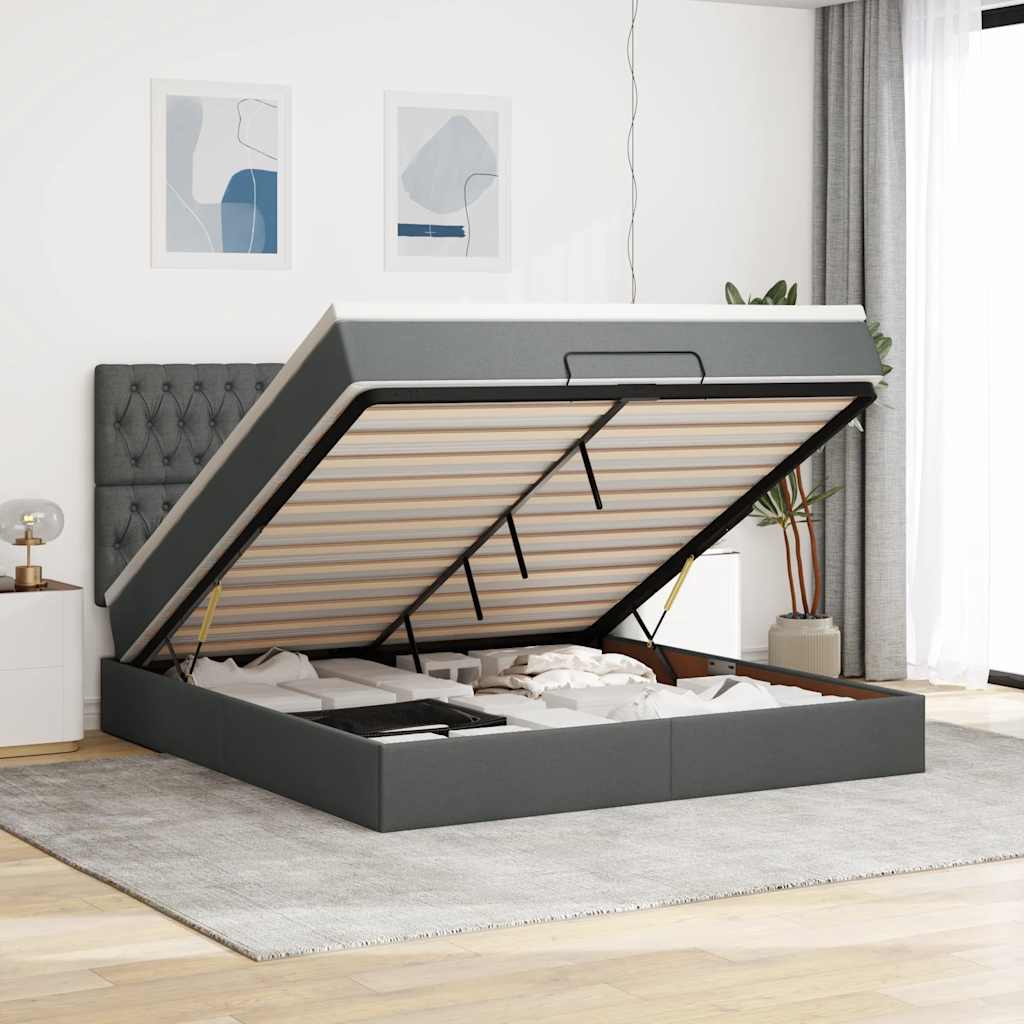 Cadre de lit ottoman avec matelas gris foncé 180x200 cm tissu - XIOS