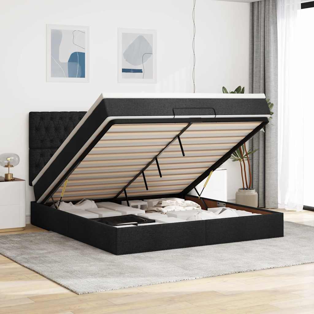 Cadre de lit ottoman avec matelas noir 180x200 cm tissu - XIOS