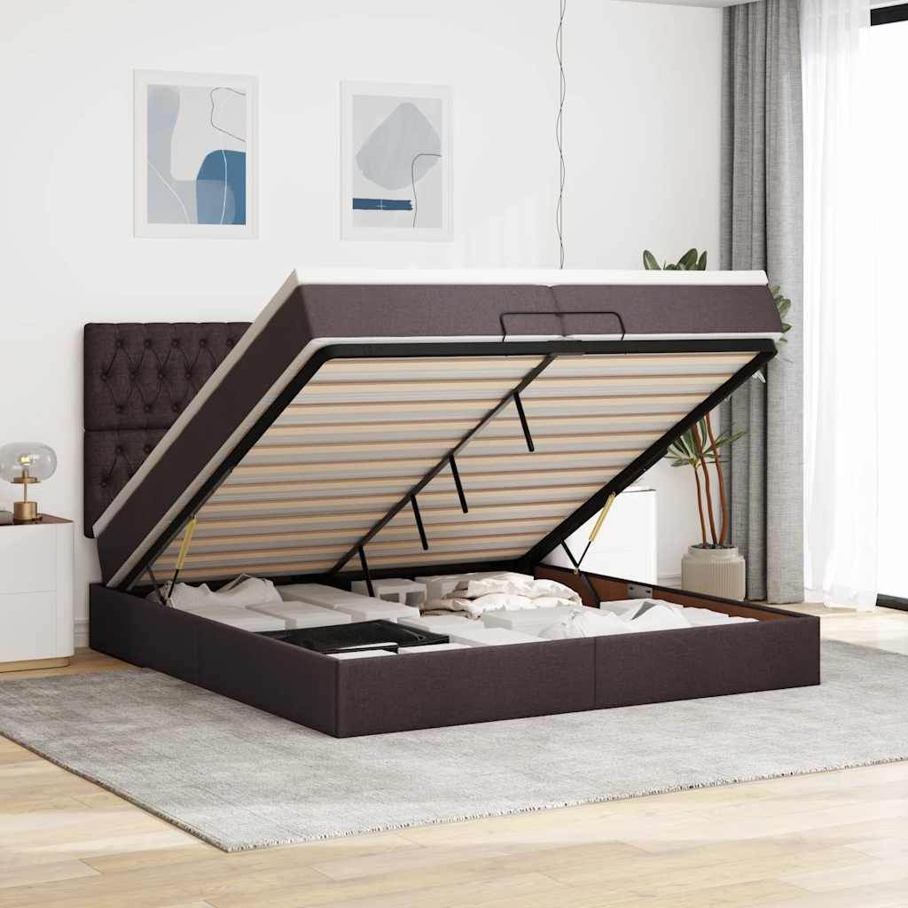 Cadre de lit ottoman avec matelas marron foncé 200x200 cm tissu - XIOS
