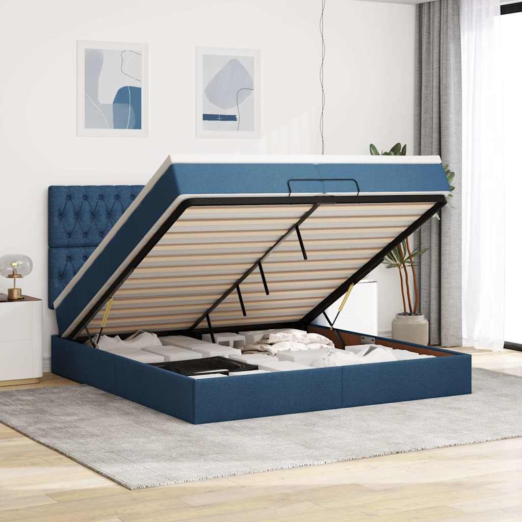 Cadre de lit ottoman avec matelas bleu 200x200cm tissu - XIOS
