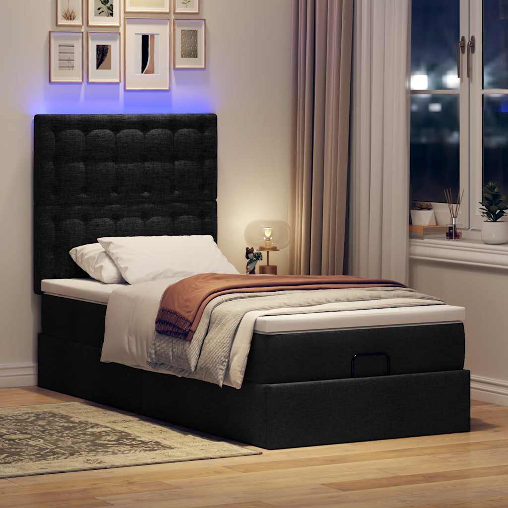 Lit ottoman avec matelas et LED noir 80x200cm tissu - XIOS