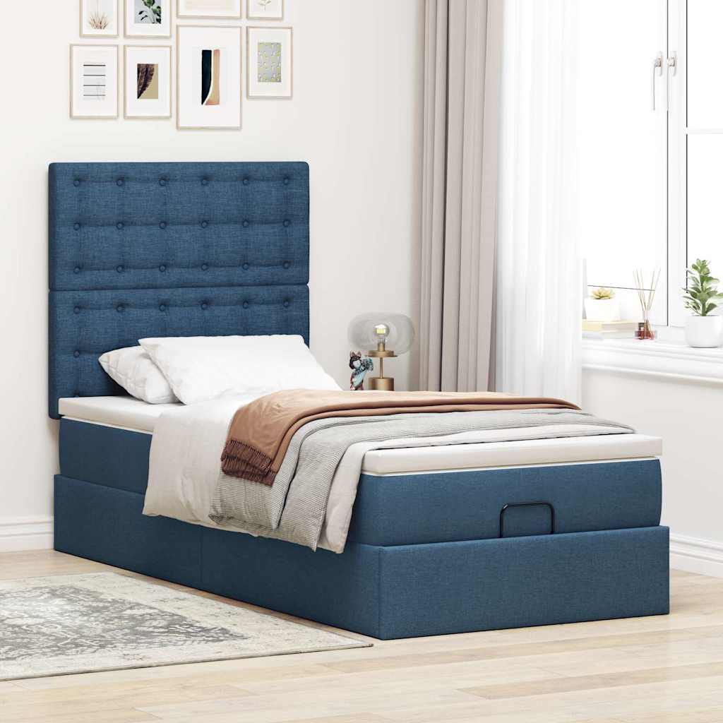 Cadre de lit ottoman avec matelas bleu 80x200 cm tissu - XIOS