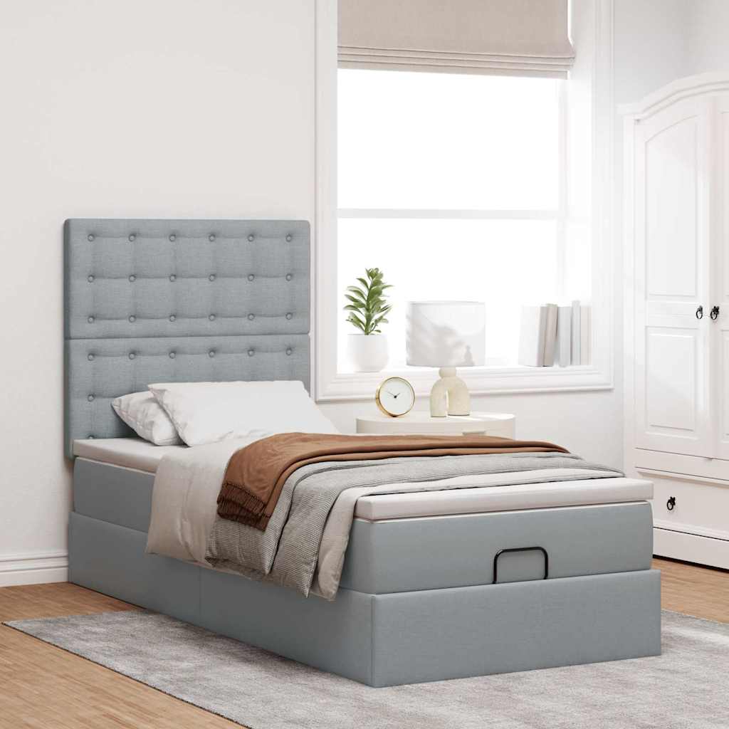 Cadre de lit ottoman et matelas gris clair 90x190 cm tissu - XIOS