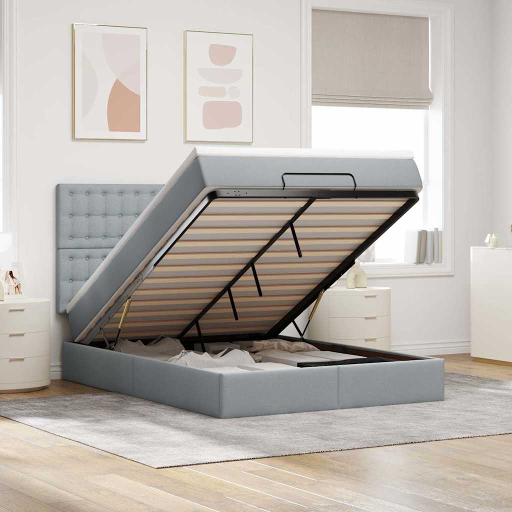 Cadre de lit ottoman et matelas gris clair 140x190 cm tissu - XIOS