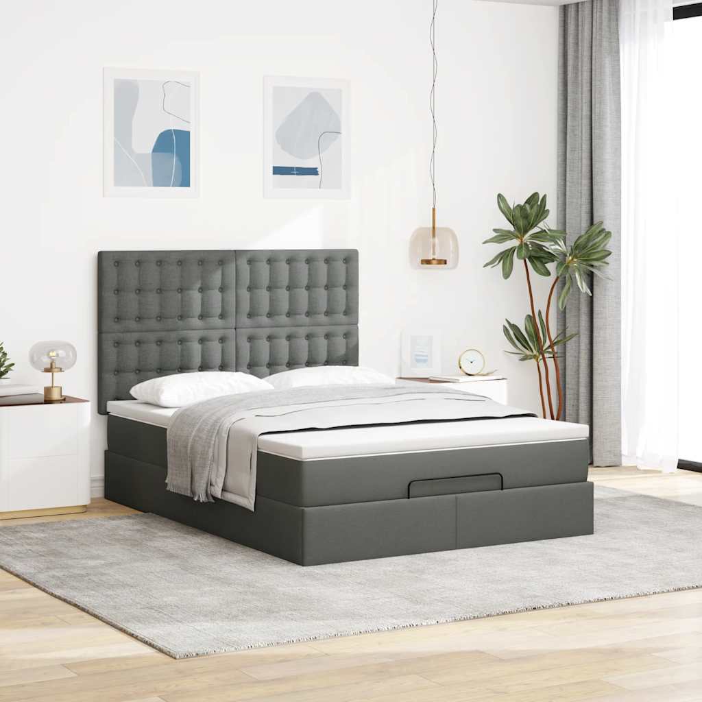 Cadre de lit ottoman avec matelas gris foncé 140x190 cm tissu - XIOS