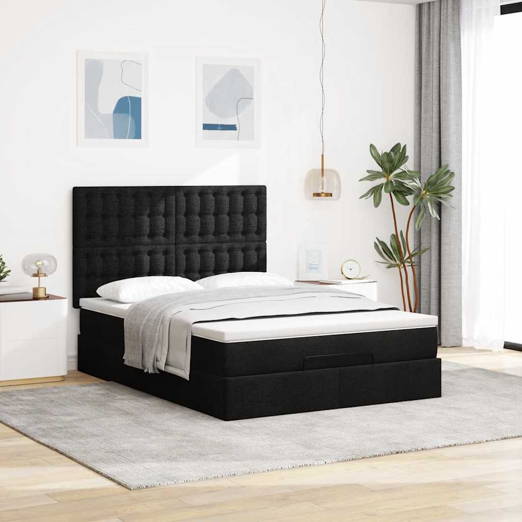 Cadre de lit ottoman avec matelas noir 140x190 cm tissu - XIOS