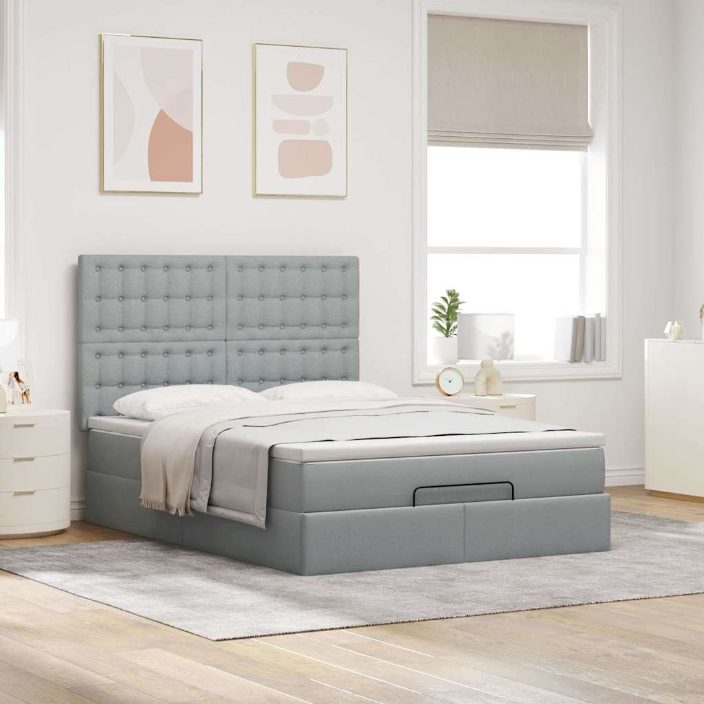 Cadre de lit ottoman et matelas gris clair 140x200 cm tissu - XIOS