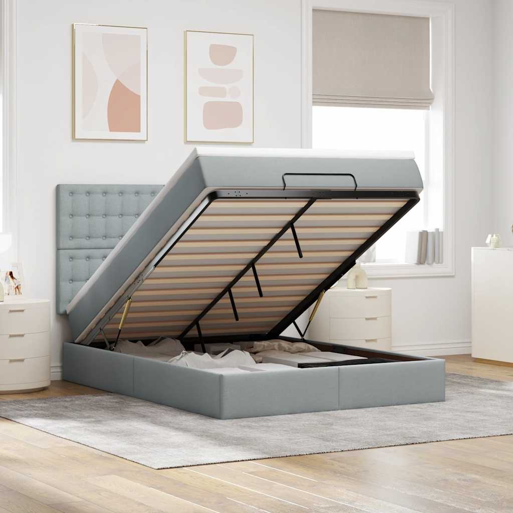 Cadre de lit ottoman et matelas gris clair 140x200 cm tissu - XIOS