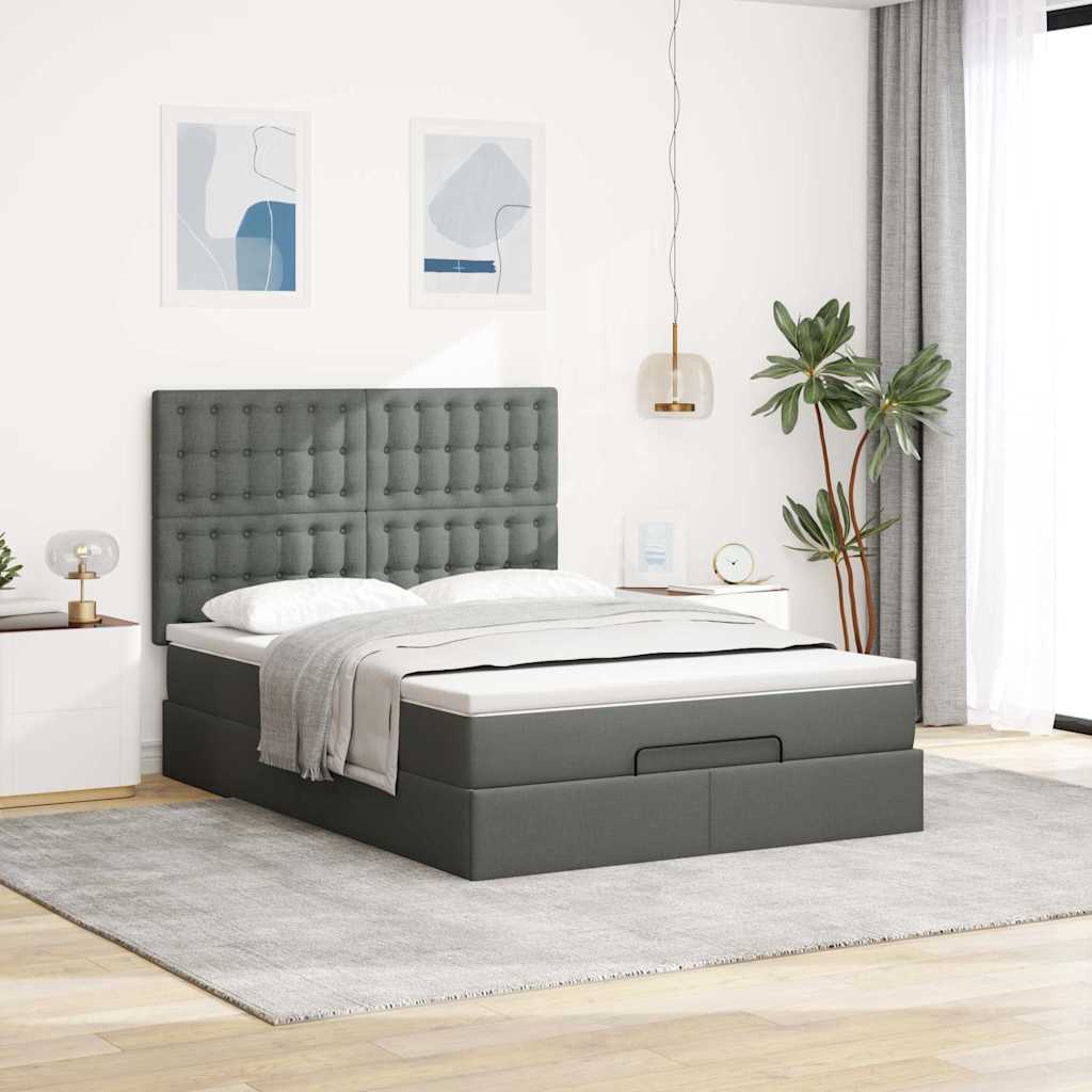 Cadre de lit ottoman avec matelas gris foncé 140x200 cm tissu - XIOS