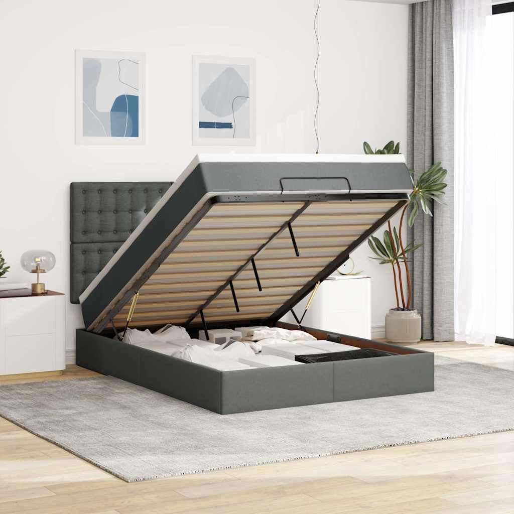 Cadre de lit ottoman avec matelas gris foncé 140x200 cm tissu - XIOS