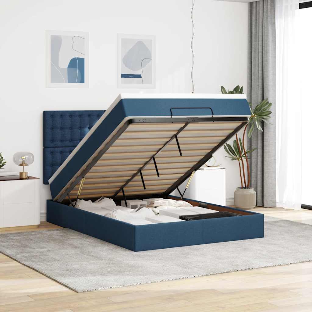 Cadre de lit ottoman avec matelas bleu 140x200 cm tissu - XIOS