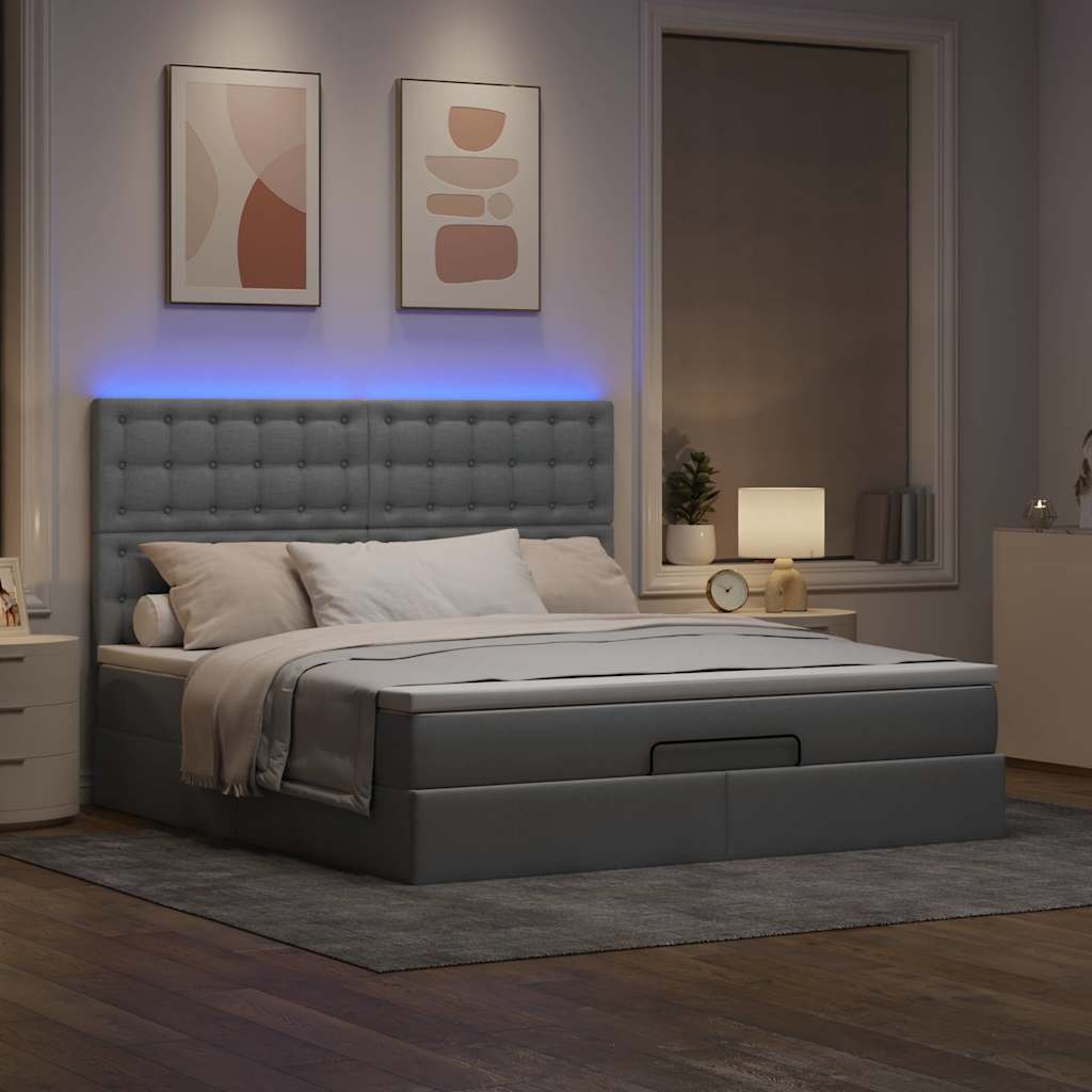 Cadre de lit ottoman et matelas gris clair 160x200cm tissu - XIOS