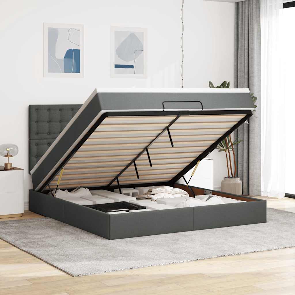 Cadre de lit ottoman avec matelas gris foncé 160x200cm tissu - XIOS