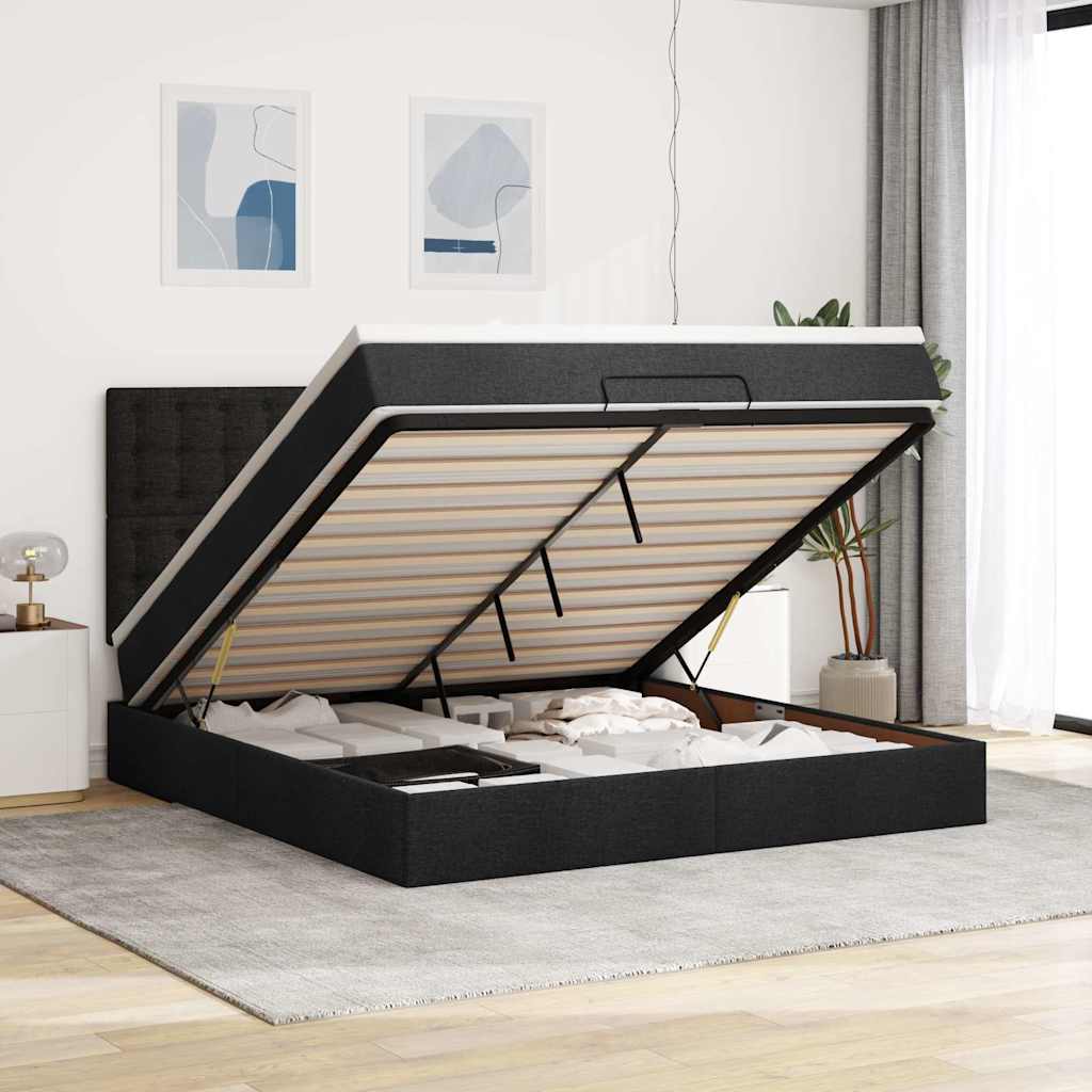 Cadre de lit ottoman avec matelas noir 160x200 cm tissu - XIOS