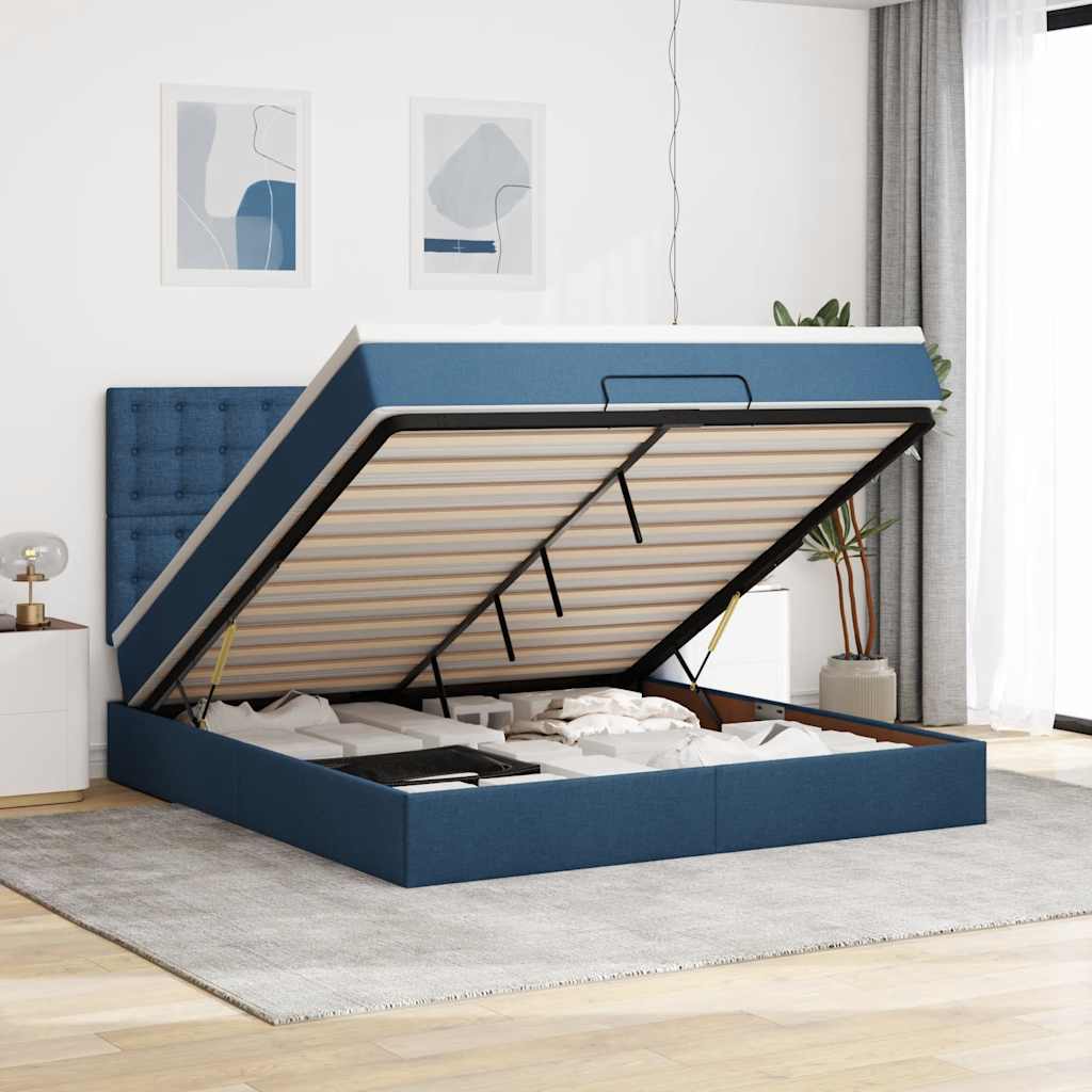 Cadre de lit ottoman avec matelas bleu 160x200 cm tissu - XIOS