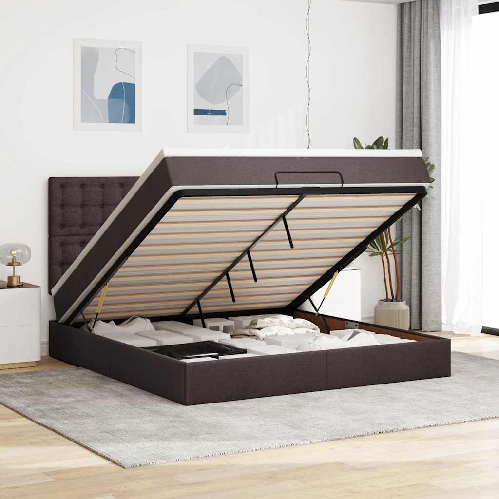 Cadre de lit ottoman avec matelas marron foncé 180x200 cm tissu - XIOS