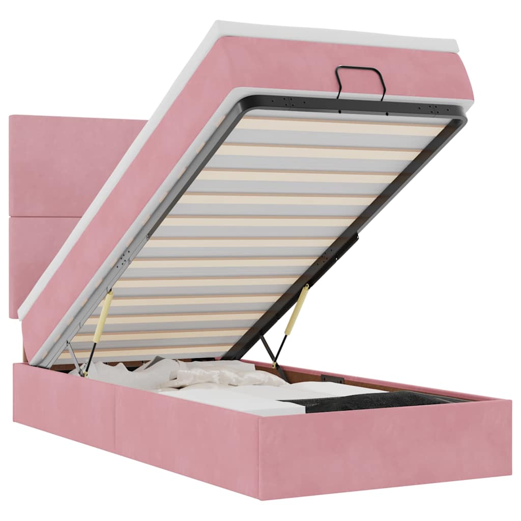 Cadre de lit ottoman avec matelas rose 90x190 cm velours - XIOS