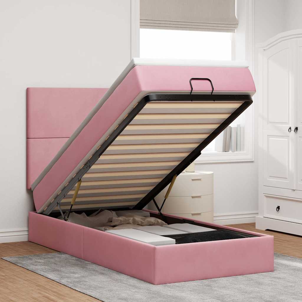 Cadre de lit ottoman avec matelas rose 90x200 cm velours - XIOS