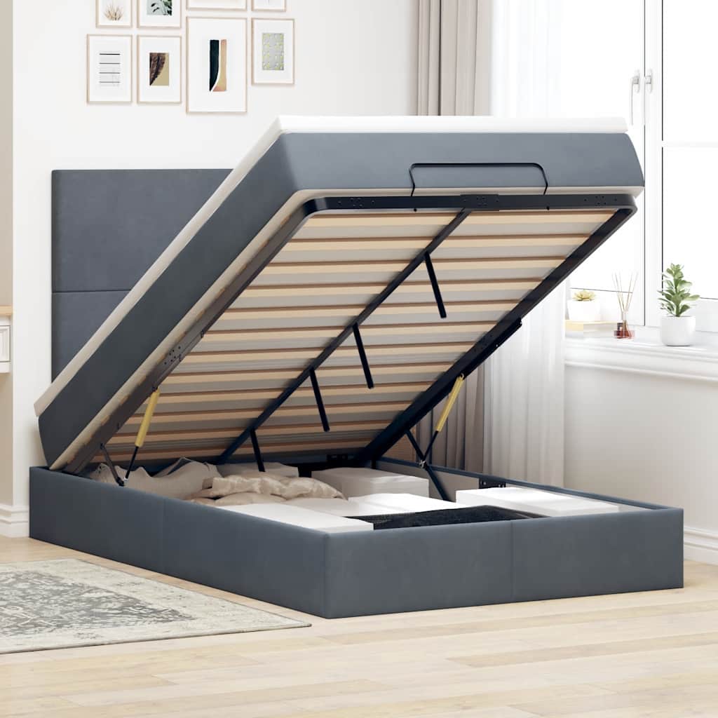 Cadre de lit ottoman et matelas gris foncé 120x200 cm velours - XIOS