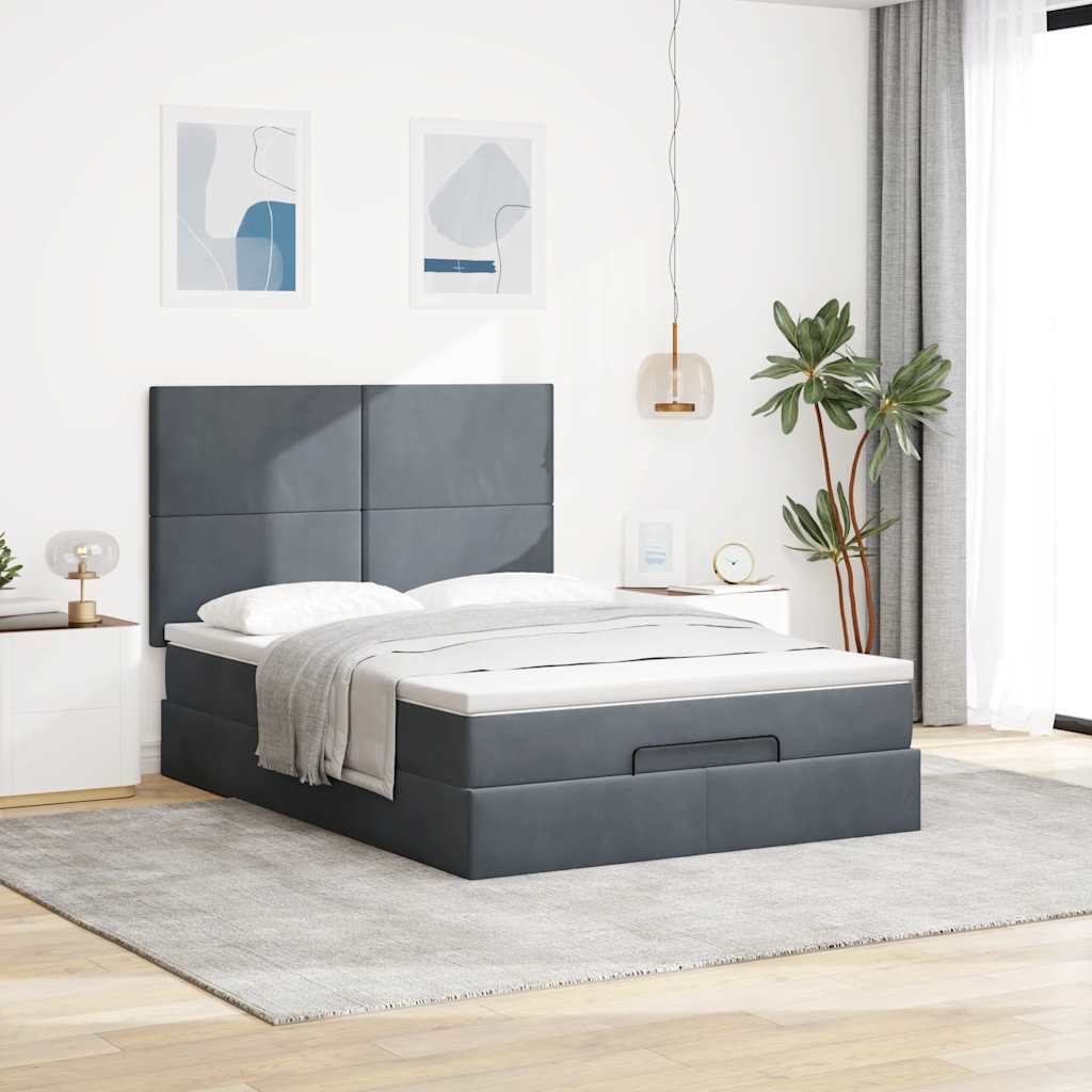 Cadre de lit ottoman avec matelas gris foncé 140x190 cm velours - XIOS