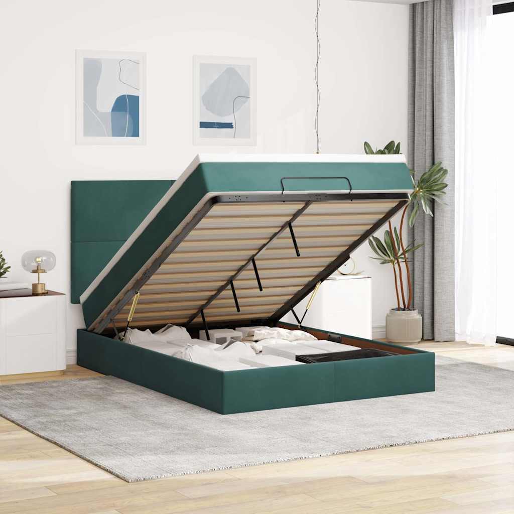 Cadre de lit ottoman avec matelas vert foncé 140x190 cm velours - XIOS
