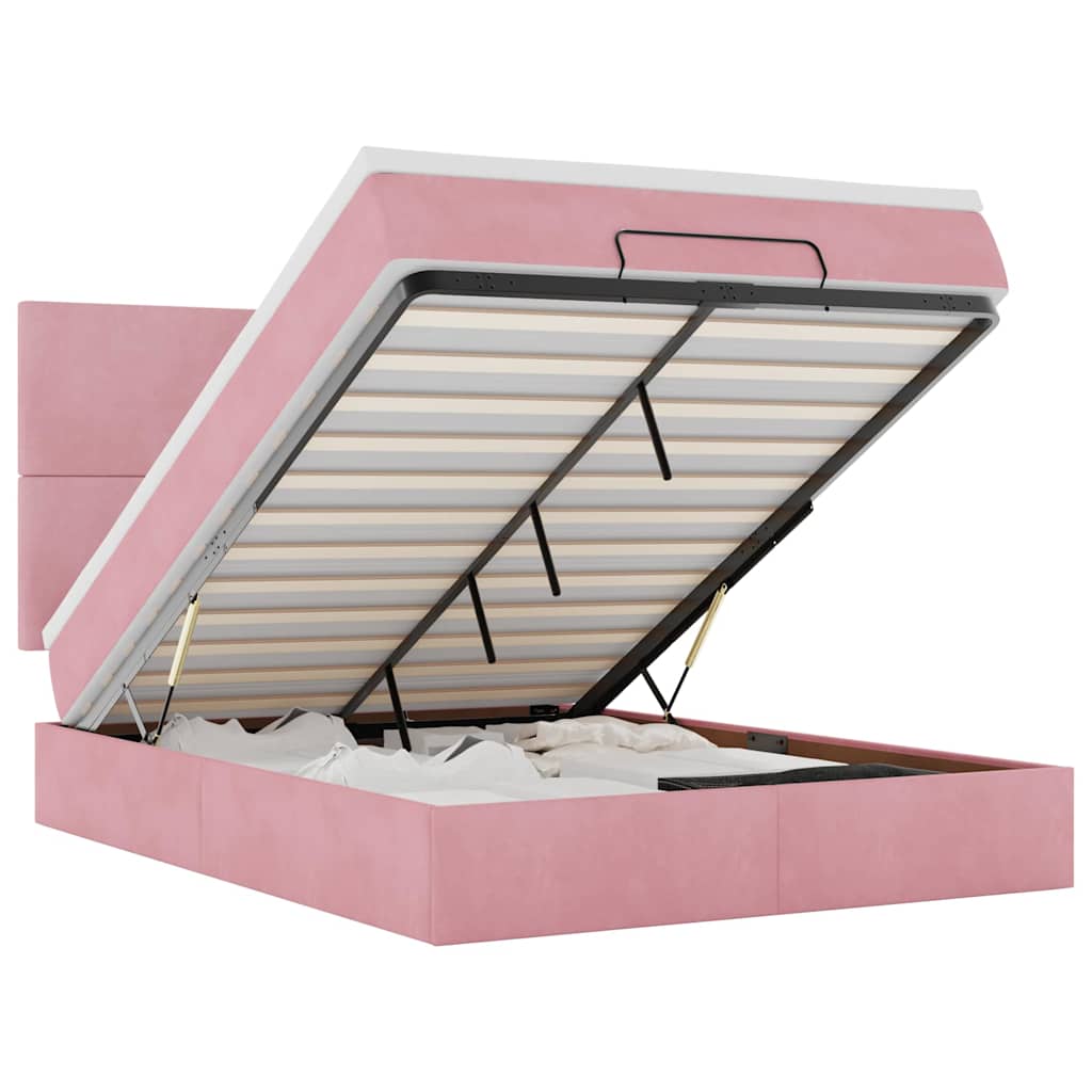 Cadre de lit ottoman avec matelas rose 140x190 cm velours - XIOS
