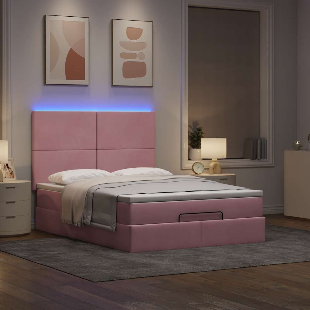 Cadre de lit ottoman avec matelas rose 140x190 cm velours - XIOS