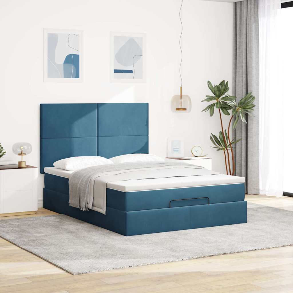 Cadre de lit ottoman avec matelas bleu foncé 140x200 cm velours - XIOS