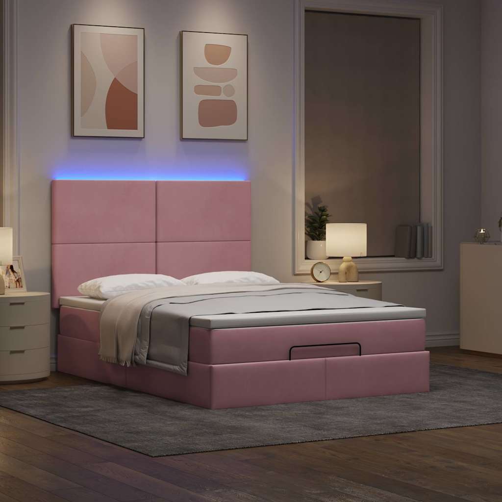 Cadre de lit ottoman avec matelas rose 140x200 cm velours - XIOS