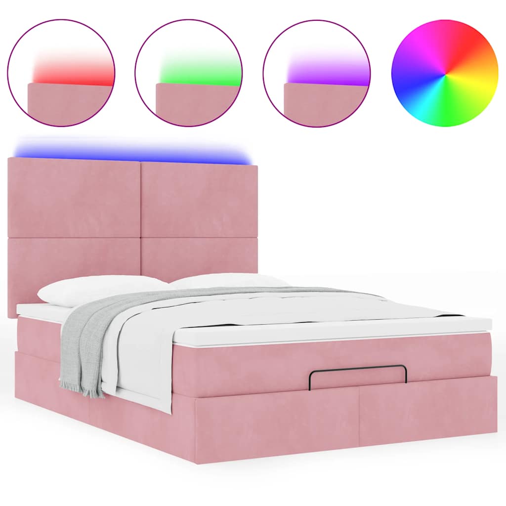 Cadre de lit ottoman avec matelas rose 140x200 cm velours - XIOS
