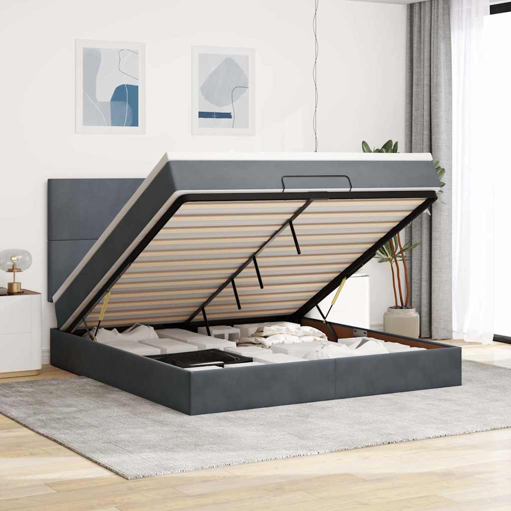 Cadre de lit ottoman avec matelas gris foncé 160x200cm velours - XIOS