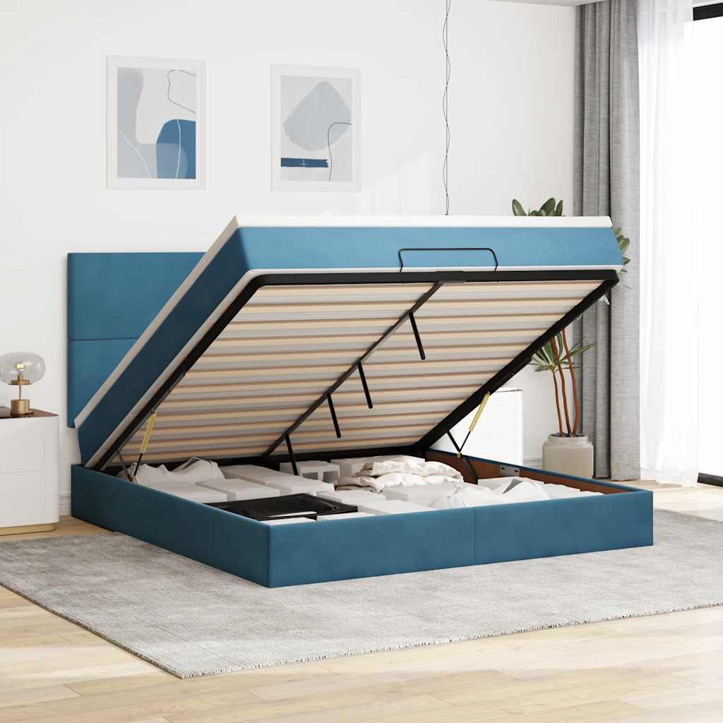 Cadre de lit ottoman avec matelas bleu foncé 160x200 cm velours - XIOS