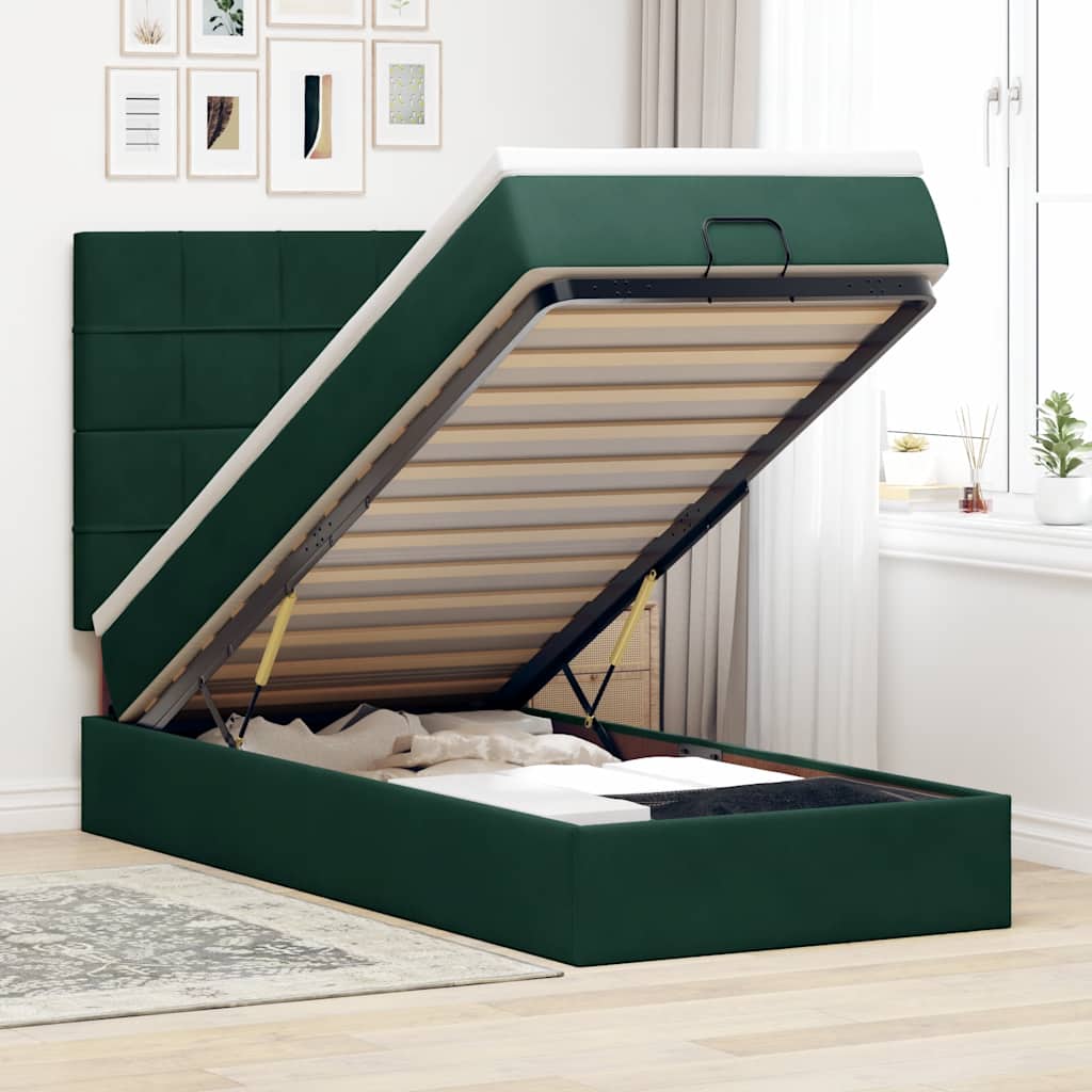 Cadre de lit ottoman avec matelas vert foncé 90x190 cm velours - XIOS