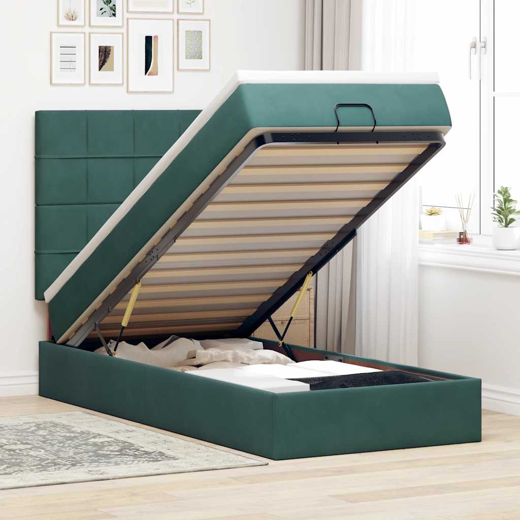 Cadre de lit ottoman avec matelas vert foncé 90x200 cm velours - XIOS