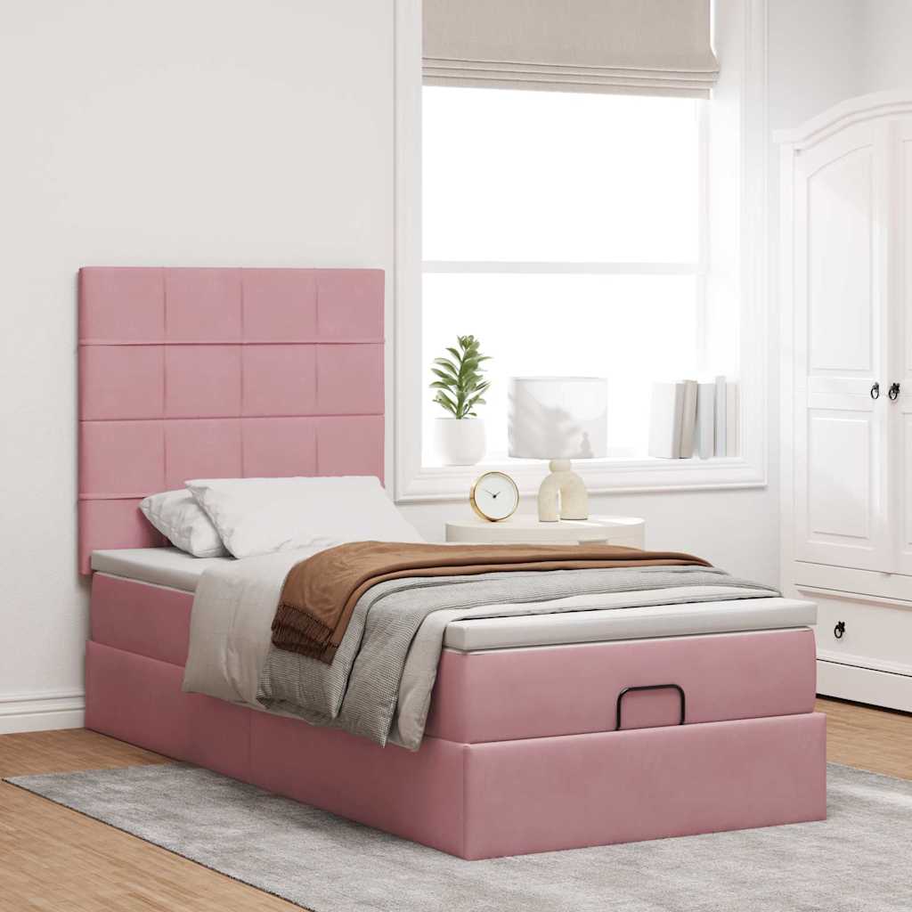 Cadre de lit ottoman avec matelas rose 90x200 cm velours - XIOS