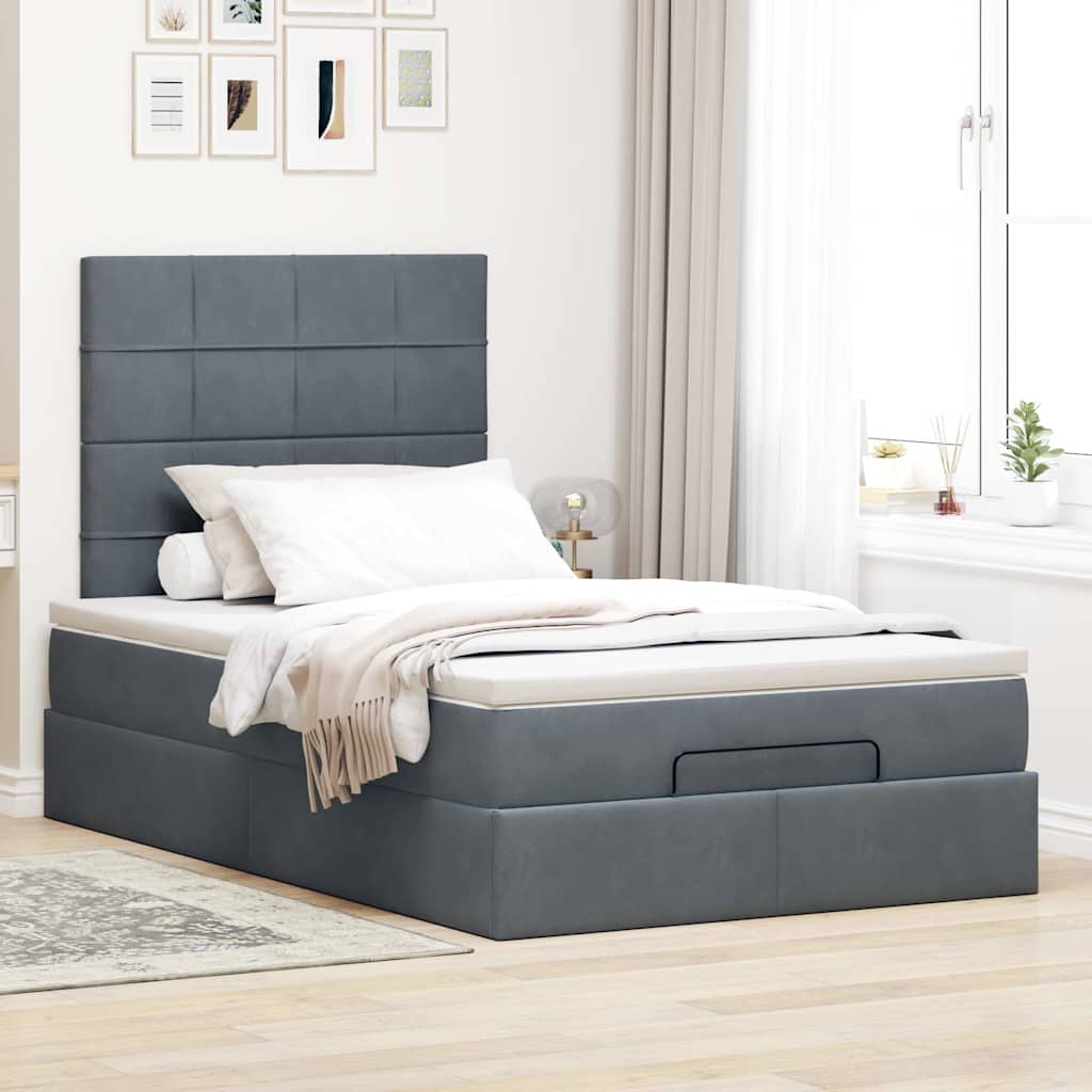 Cadre de lit ottoman et matelas gris foncé 120x200 cm velours - XIOS