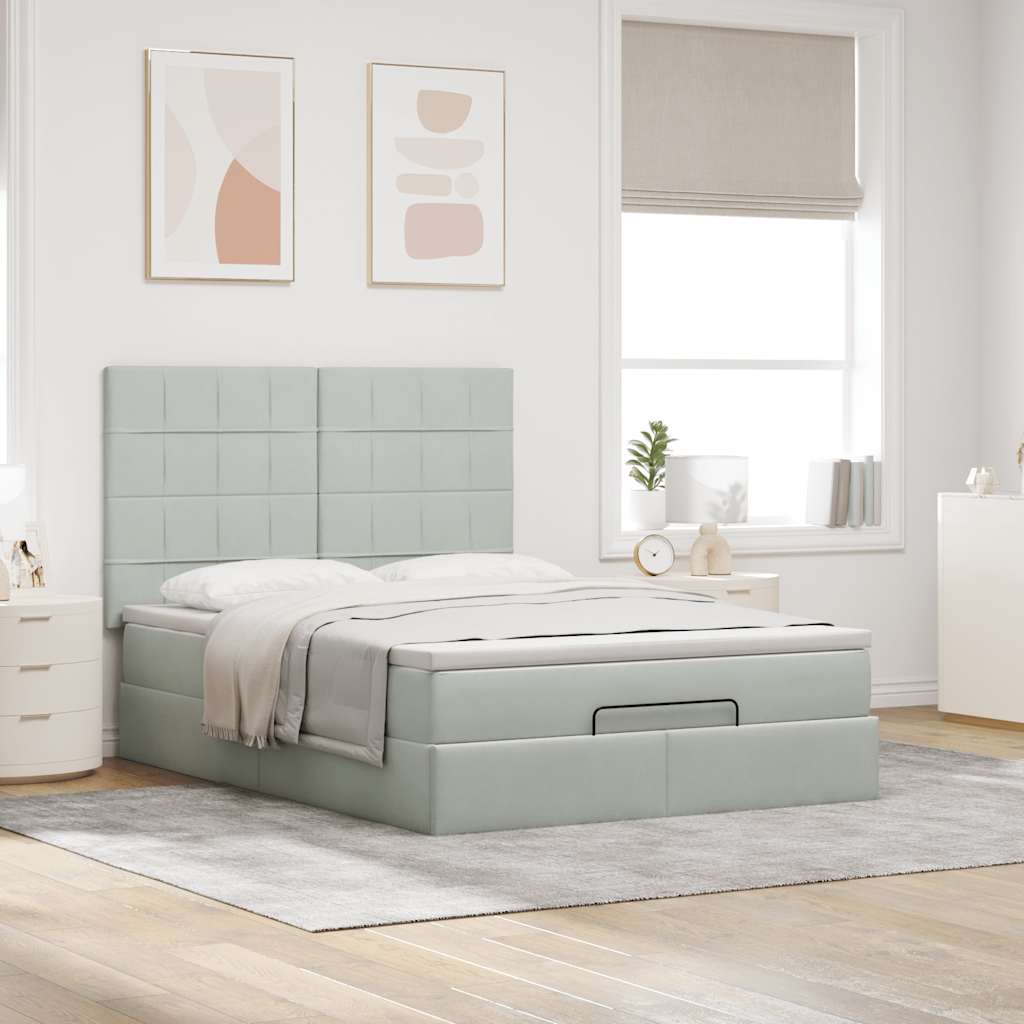 Cadre de lit ottoman et matelas gris clair 140x190 velours - XIOS