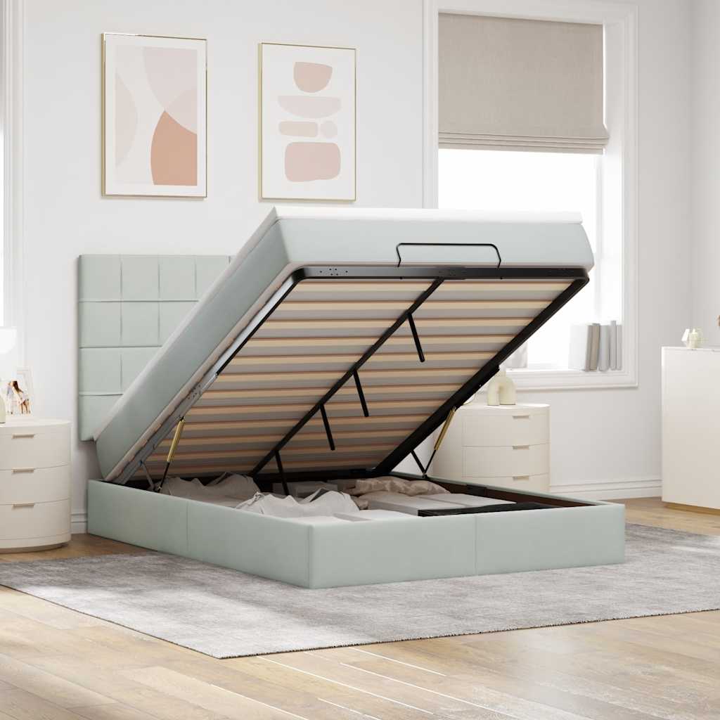 Cadre de lit ottoman et matelas gris clair 140x190 velours - XIOS