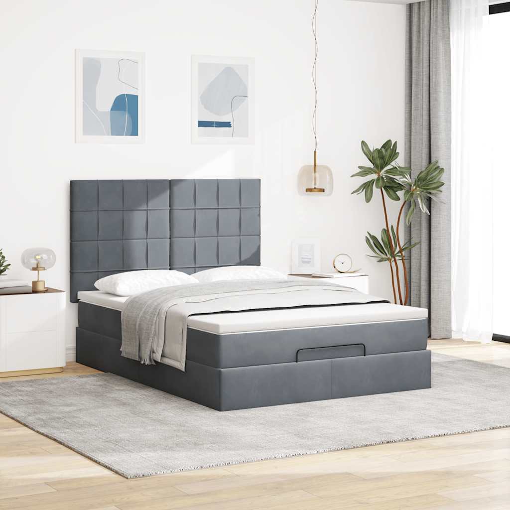 Cadre de lit ottoman avec matelas gris foncé 140x190 cm velours - XIOS