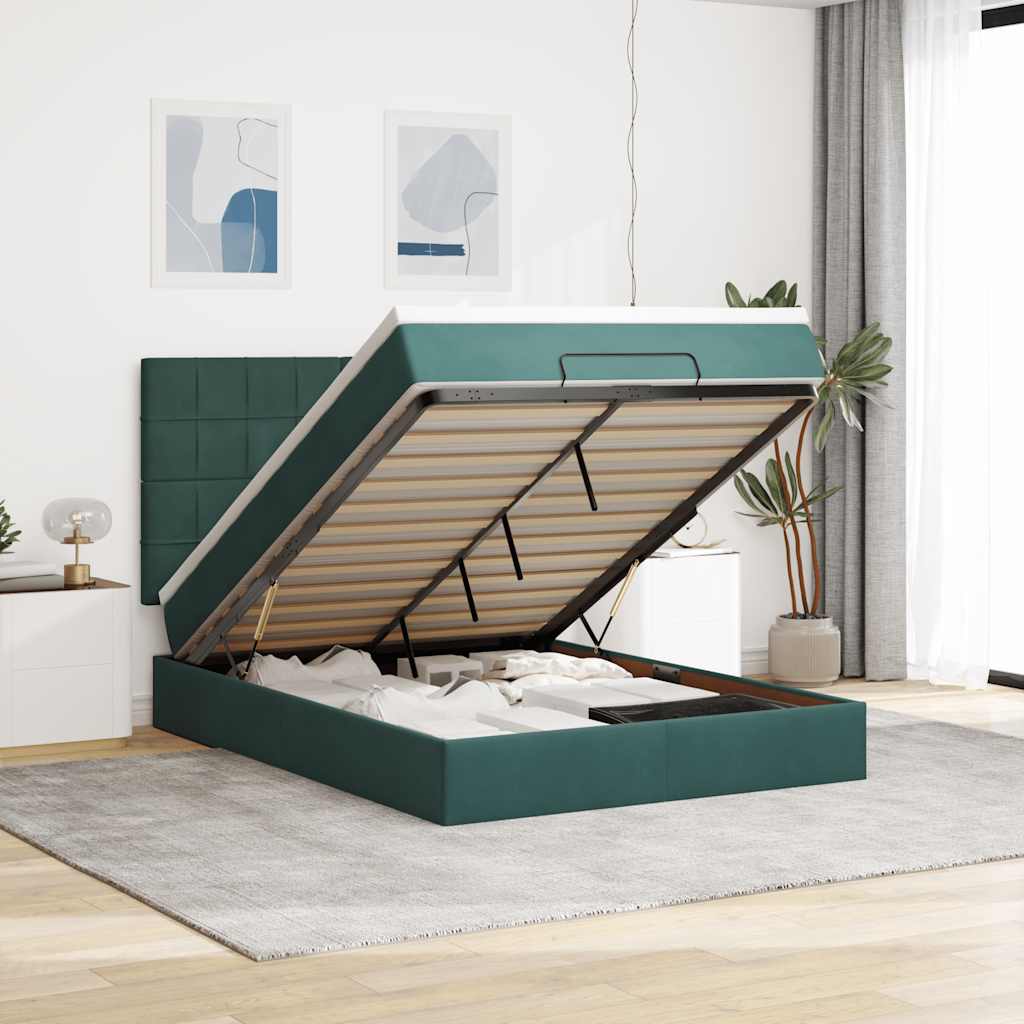 Cadre de lit ottoman avec matelas vert foncé 140x190 cm velours - XIOS