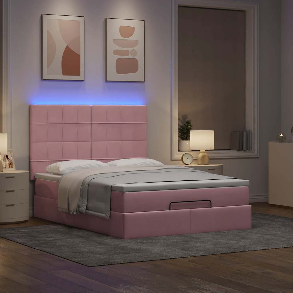Cadre de lit ottoman avec matelas rose 140x190 cm velours - XIOS