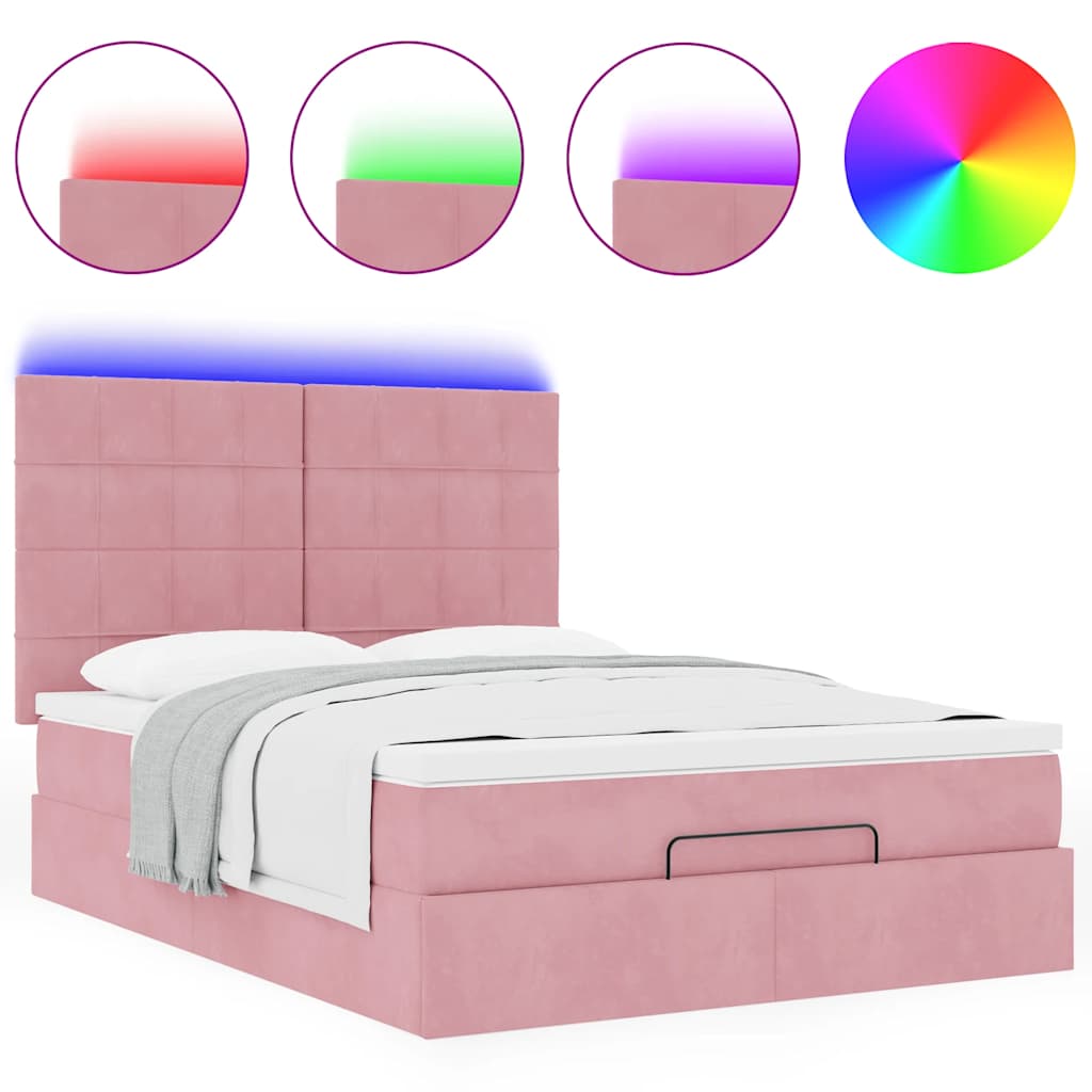 Cadre de lit ottoman avec matelas rose 140x190 cm velours - XIOS