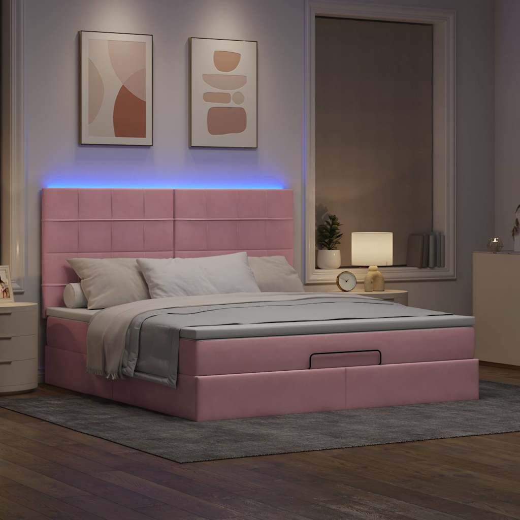 Cadre de lit ottoman avec matelas rose 160x200 cm velours - XIOS