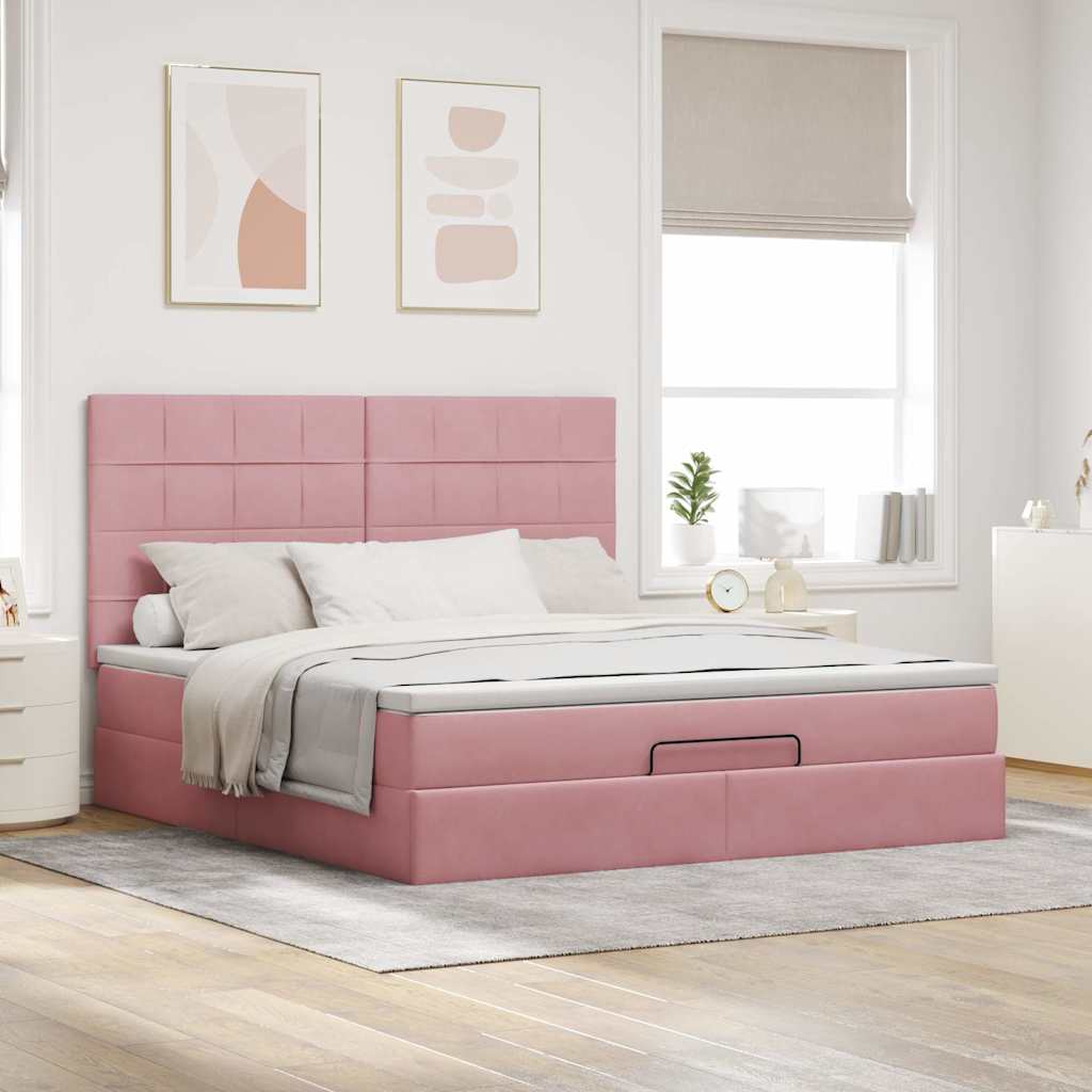 Cadre de lit ottoman avec matelas rose 160x200 cm velours - XIOS