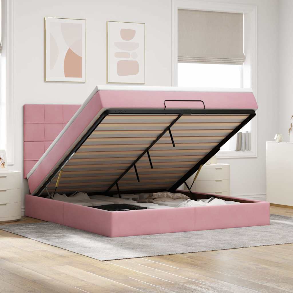 Cadre de lit ottoman avec matelas rose 160x200 cm velours - XIOS